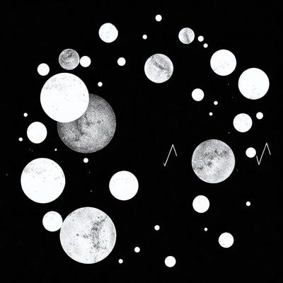 The primary subject of the image is a black and white drawing of a circle with various planets and moons surrounding it. The setting is a dark background, and the visual style is a combination of digital art and illustration. The dominant colors are black and white, and the overall atmosphere is one of mystery and intrigue.